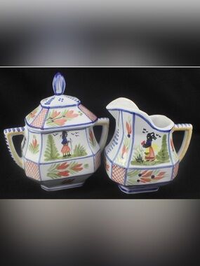 Quimper Mistral Blue Octagonal Center Set of Creamer and Sugar Bowl with Lid